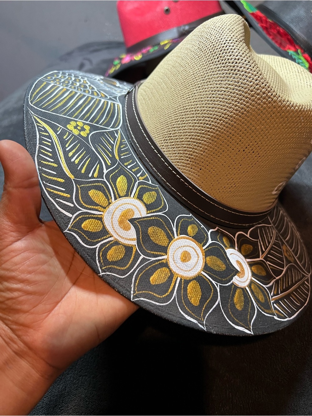 Hand-Painted Beige Straw Fedora with Black Brim Floral Design